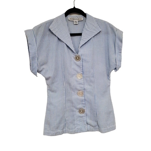 Norma Kamali Tops - Vintage Norma Kamali Seersucker Button Up Shirt 10 Blue Stripe Coastal Nautical